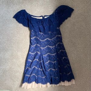 Lacy blue off the shoulder cocktail dress